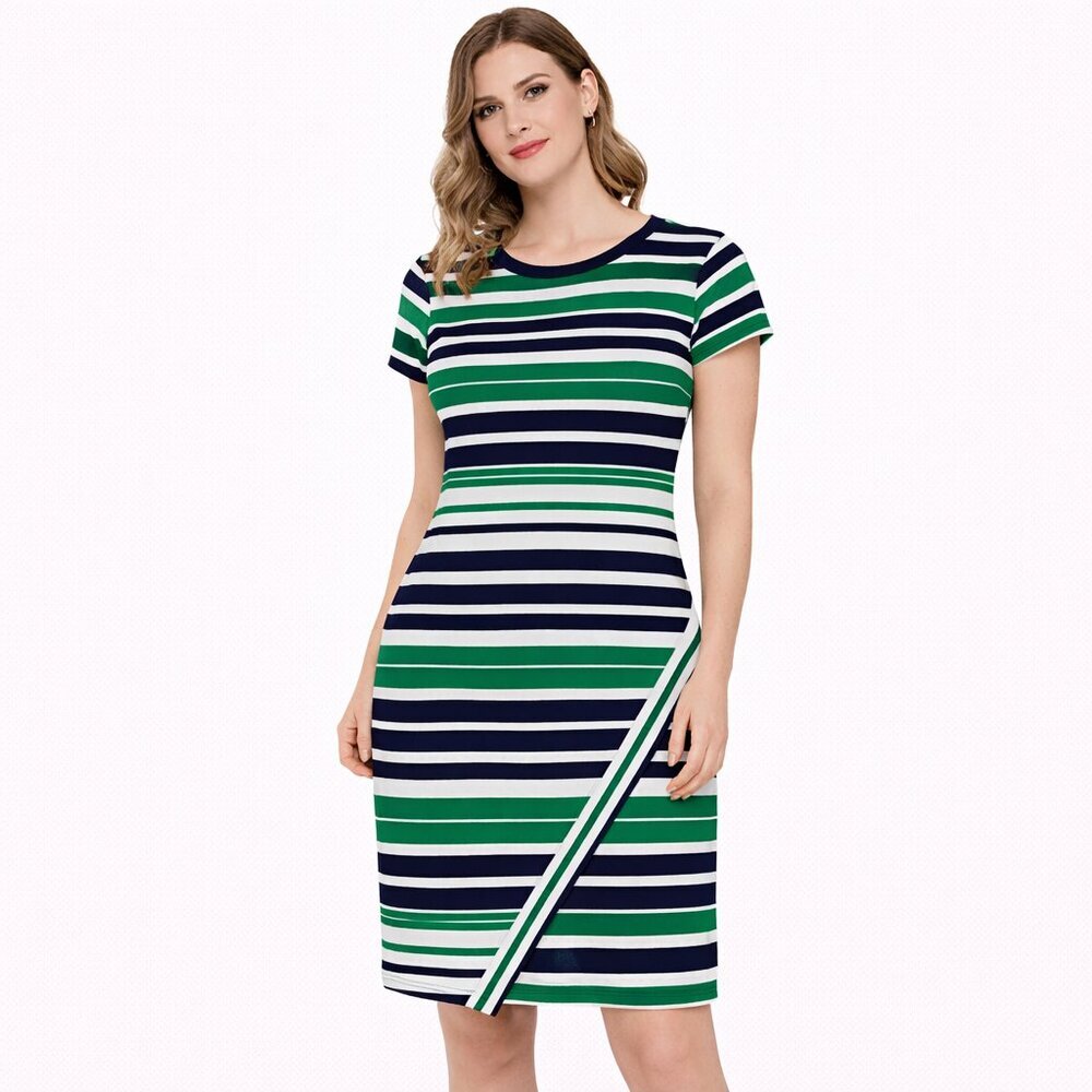 Almost Famous - Green, Navy & White Striped Bodycon T-Shirt Dress – Casual Fitte